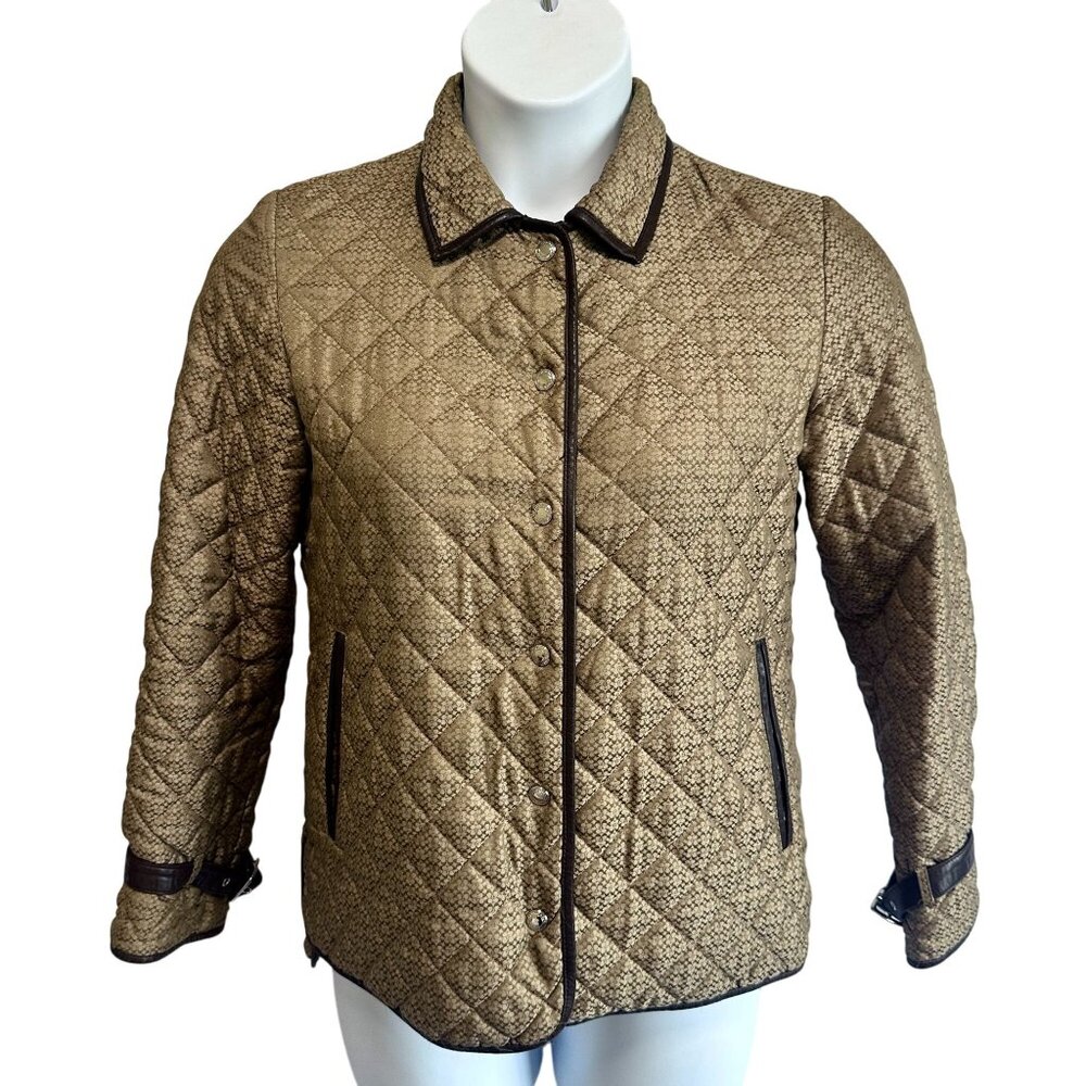 Coach Vintage Quilted Jacket Brown Monogram Logo Print Snap Front XS Womens